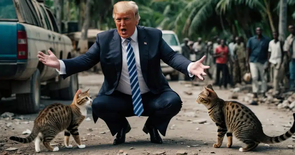 Image of President Trump and cats in a street.